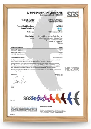 EU Type Examination Certificate for 80GHz Radar Level Transmitter